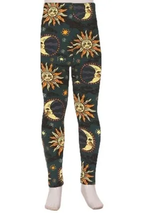 Girls Sun Moon Star Leggings, Kids Yoga Pants, Sizes S/L, No-Roll Waist, Blue/Yellow