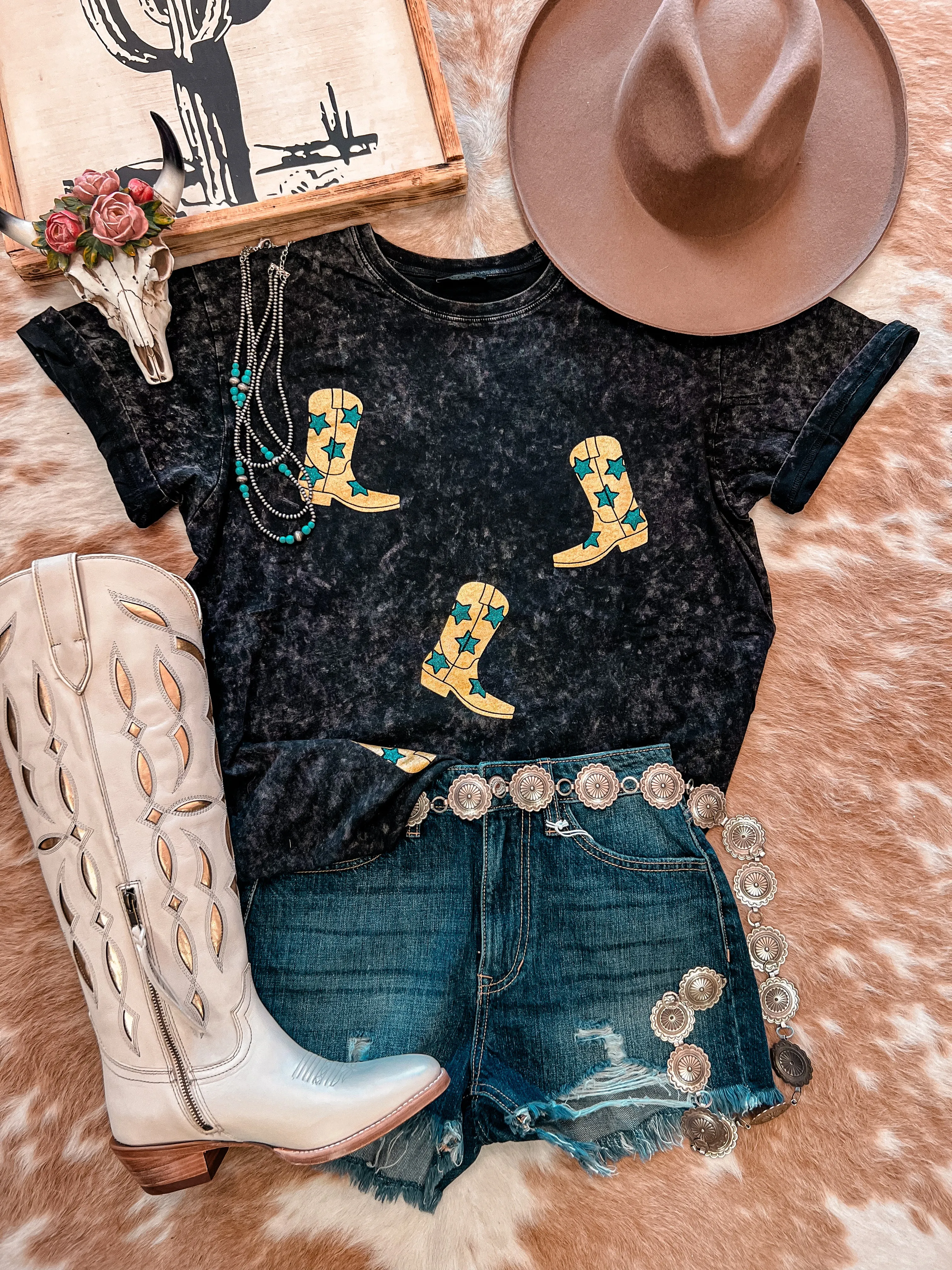 Glitter Cowboy Boots Mineral Wash Tee (Black)