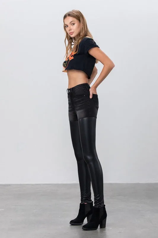 HIGH RISE LEATHER DENIM PANTS