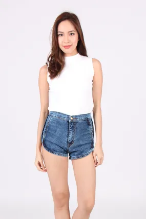 High Waist Jogger Denim Shorts in Mid Stone Wash