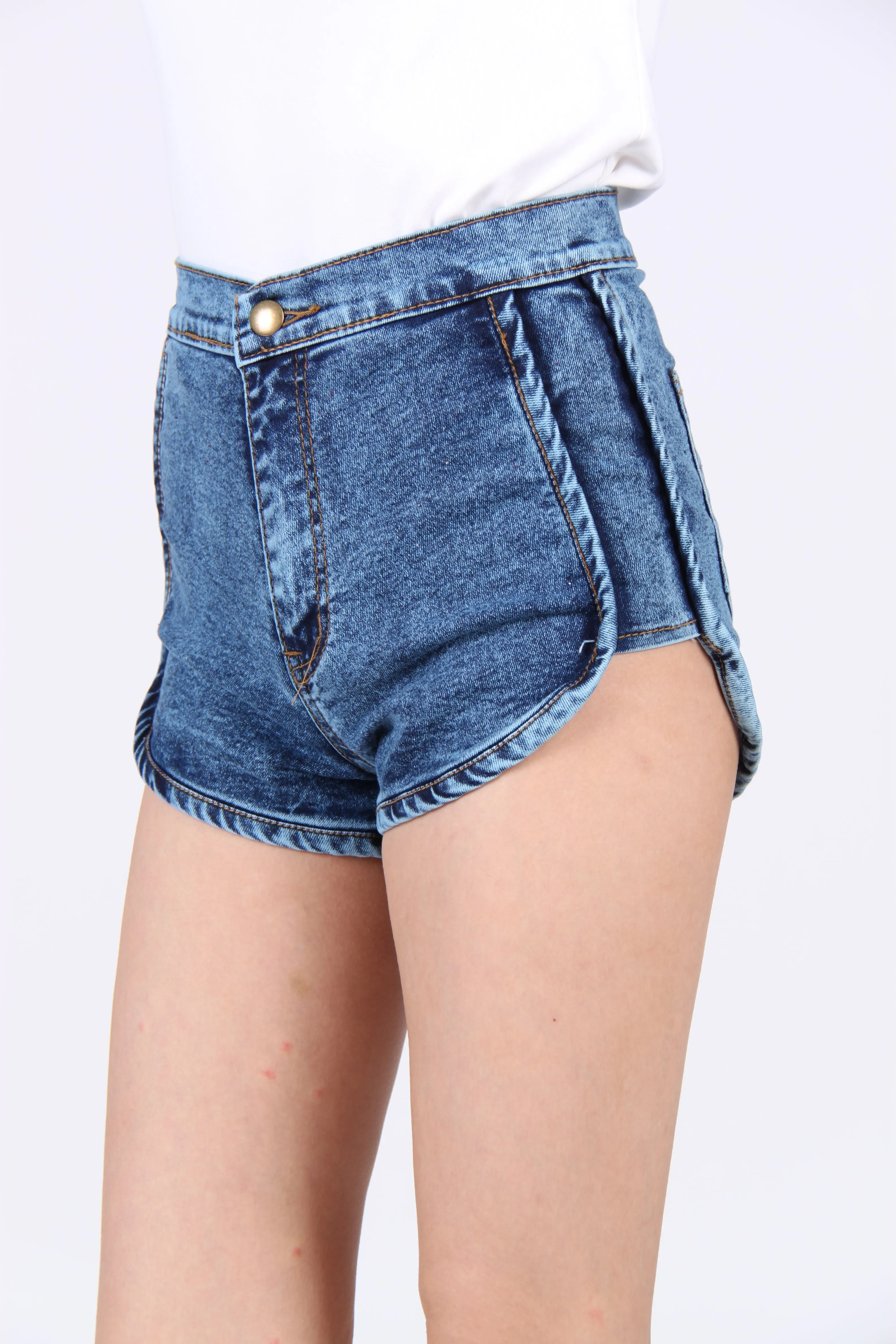 High Waist Jogger Denim Shorts in Mid Stone Wash