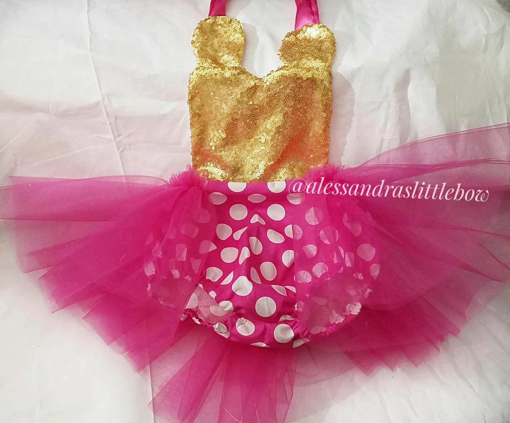 Hot pink ans gold Minnie Mouse sequin Romper