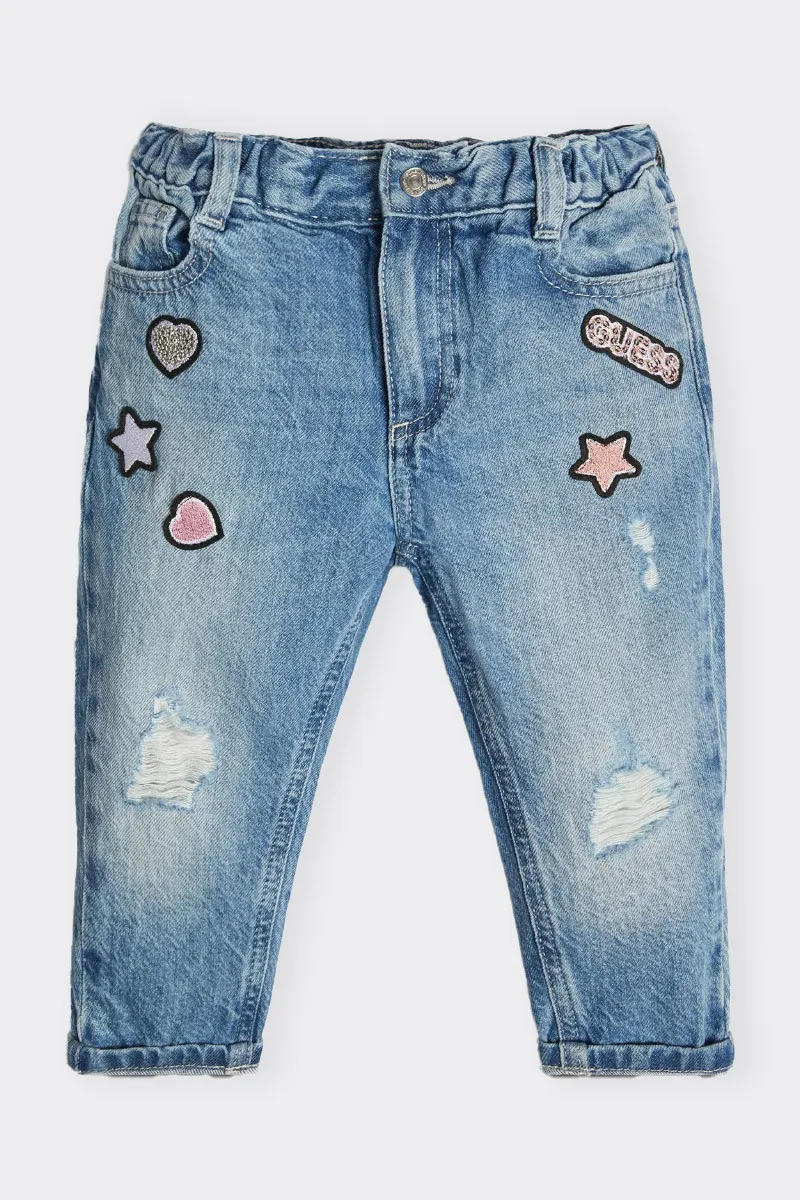 JEANS FASHION A GAMBA AMPIA CON PATCH