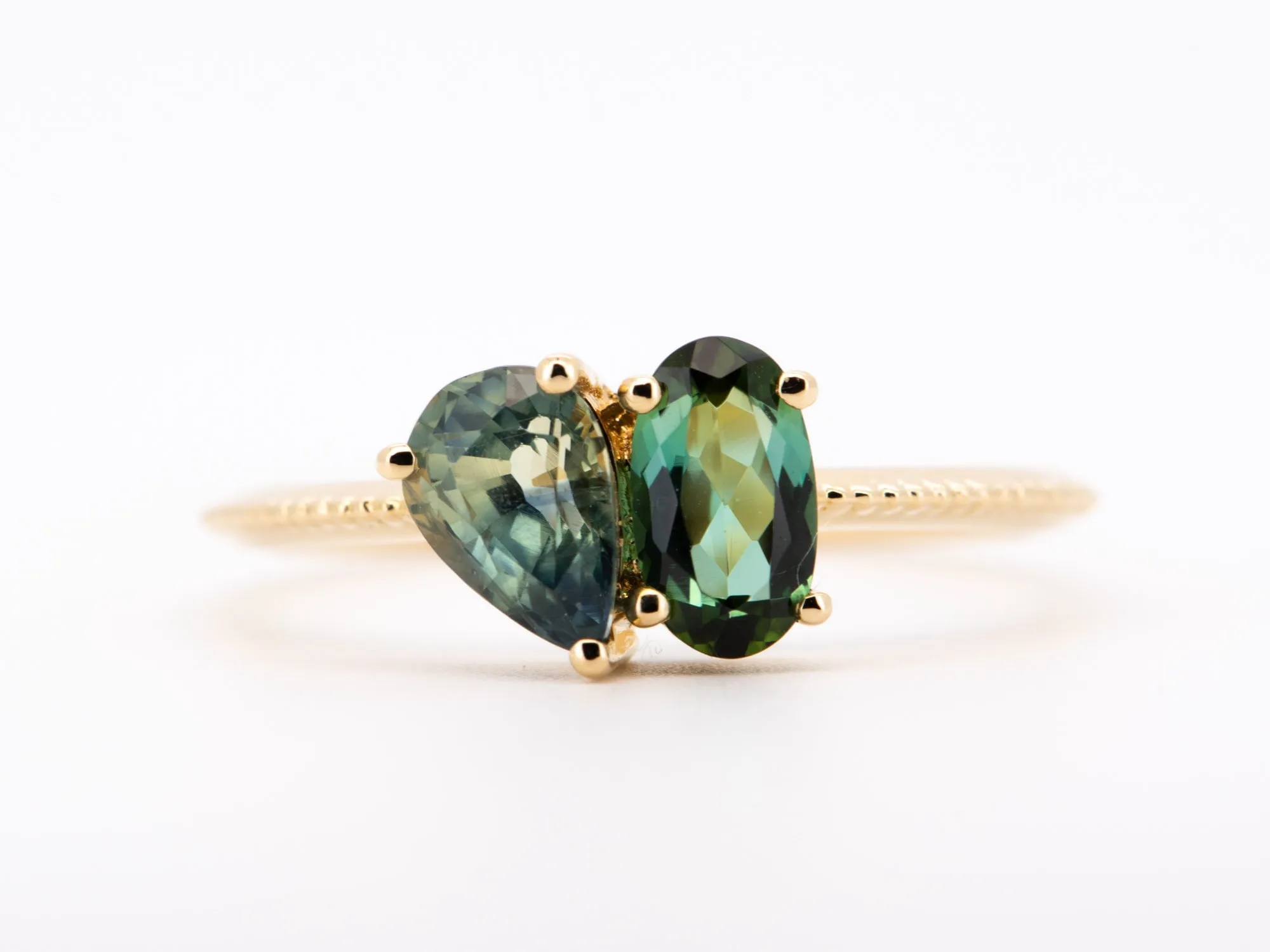 Lagoon Blue Green Sapphire and Tourmaline You and Me Ring 14K Gold R6742