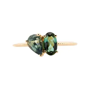 Lagoon Blue Green Sapphire and Tourmaline You and Me Ring 14K Gold R6742