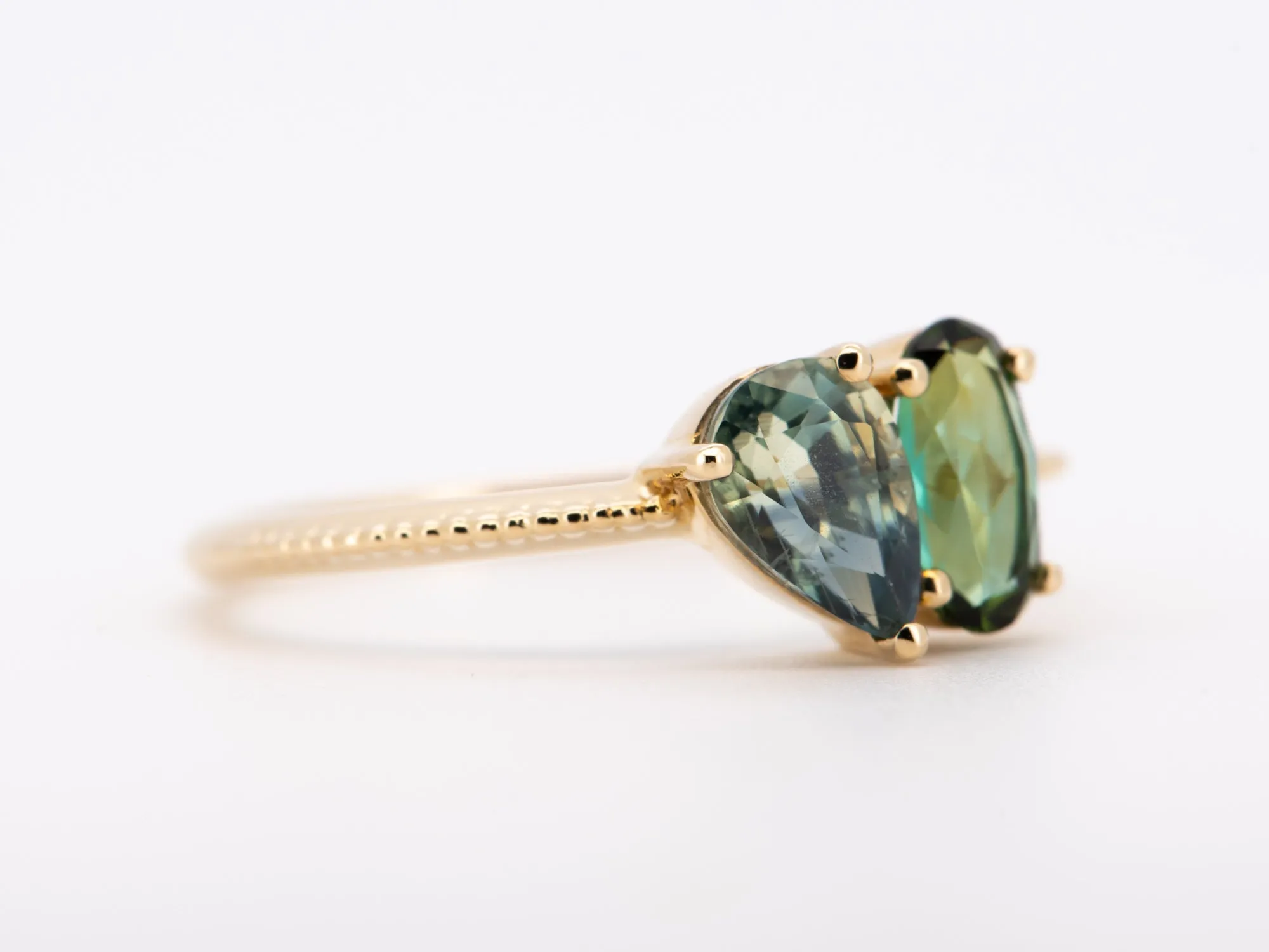 Lagoon Blue Green Sapphire and Tourmaline You and Me Ring 14K Gold R6742