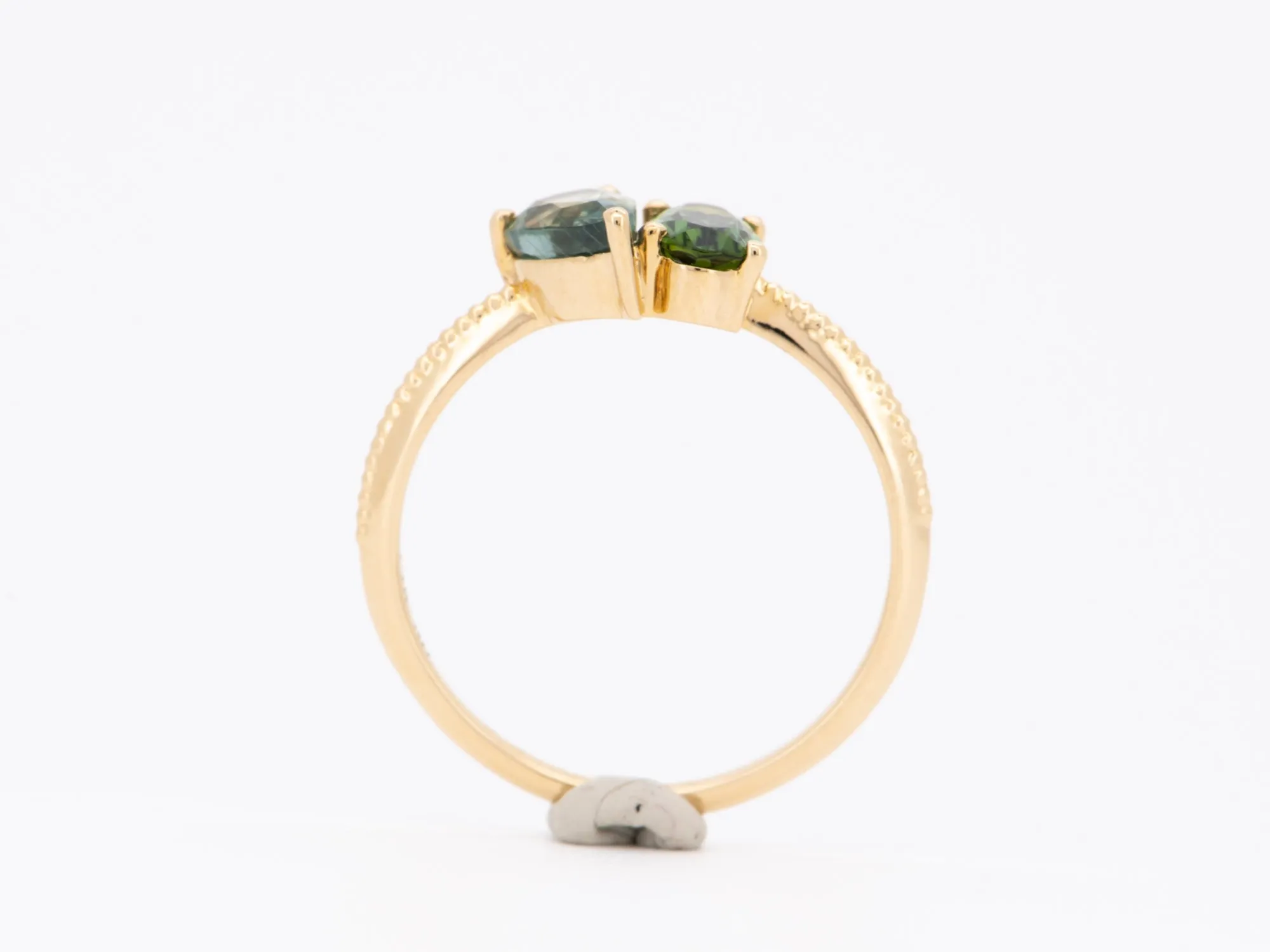 Lagoon Blue Green Sapphire and Tourmaline You and Me Ring 14K Gold R6742