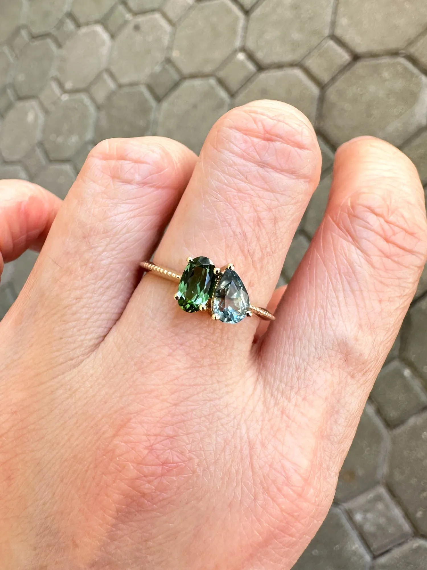 Lagoon Blue Green Sapphire and Tourmaline You and Me Ring 14K Gold R6742