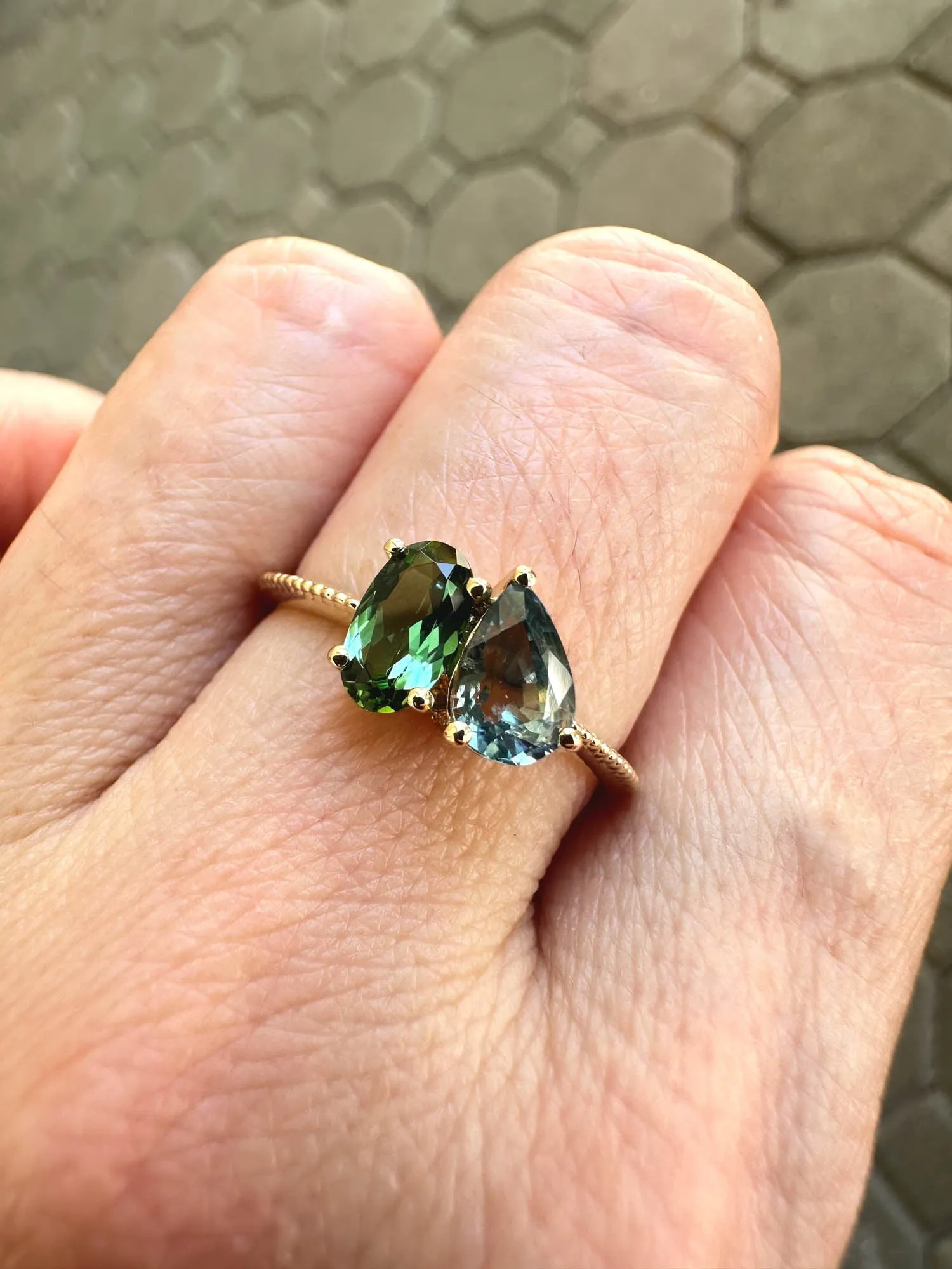 Lagoon Blue Green Sapphire and Tourmaline You and Me Ring 14K Gold R6742