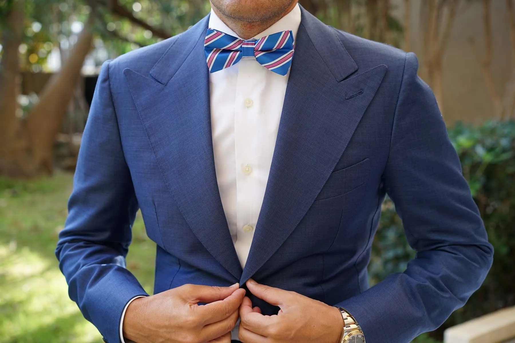 Light Blue Bow Tie with Pink Stripes