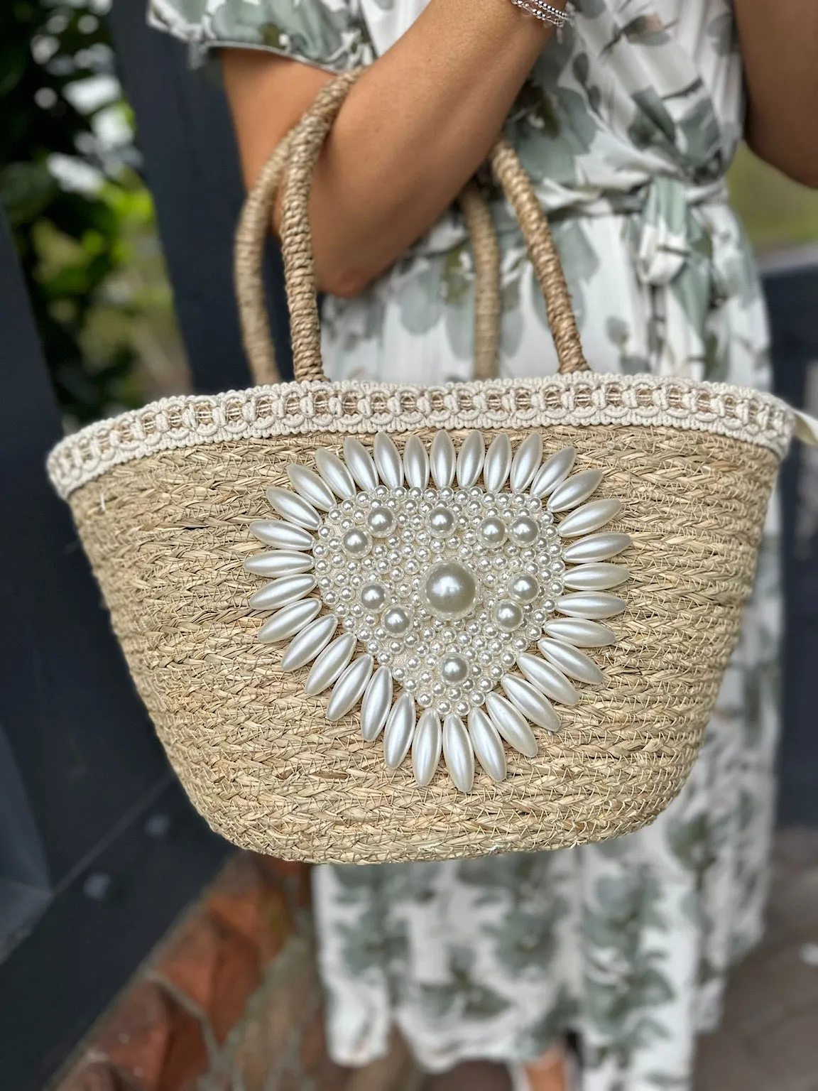 Natural Luxury Pearl Embellished Weave Bag