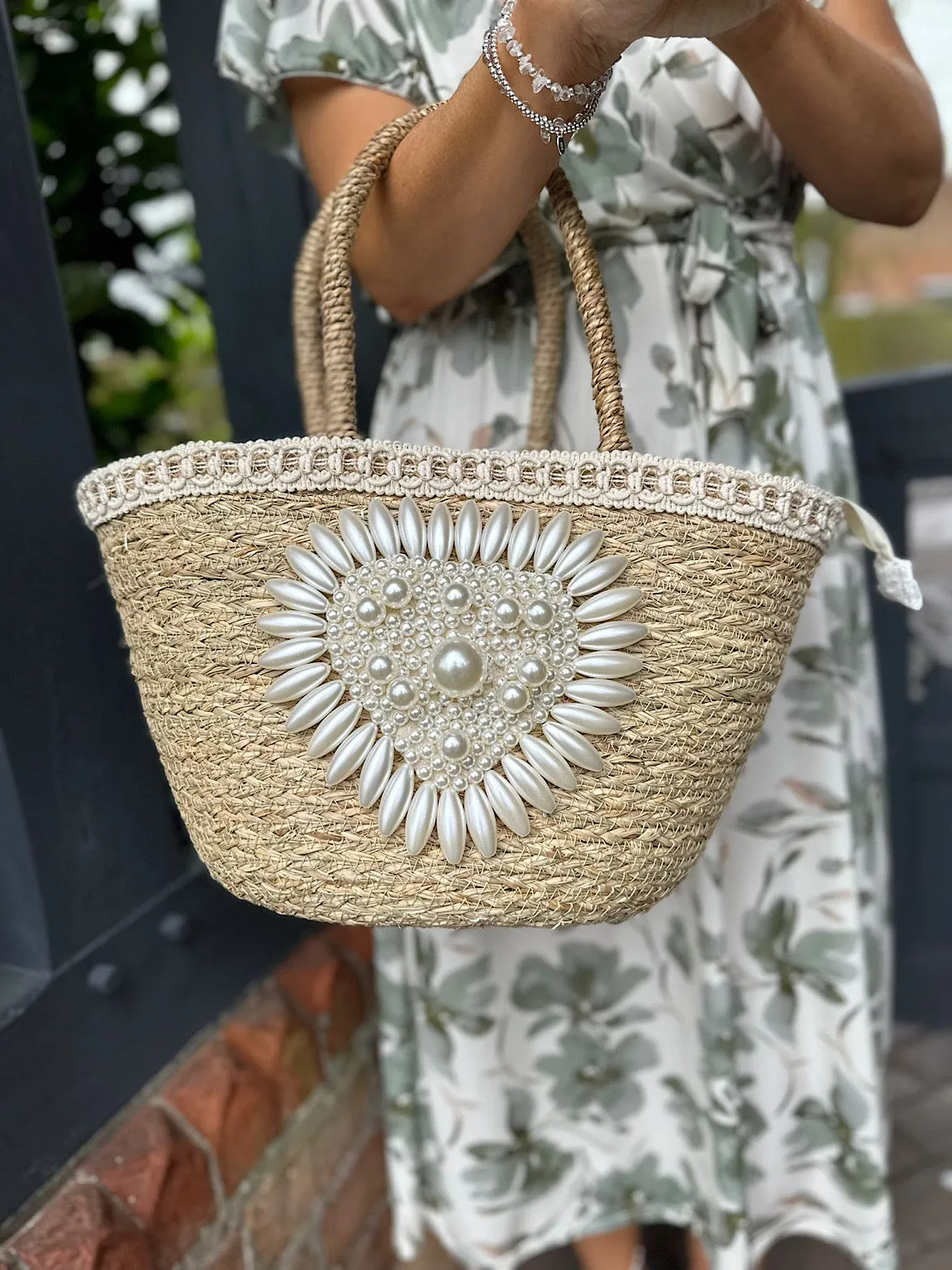 Natural Luxury Pearl Embellished Weave Bag