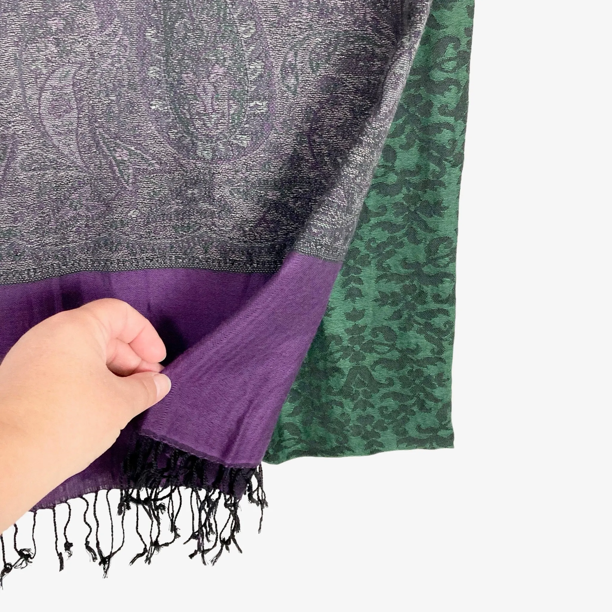 No Brand Green/Black/Purple Damask with Tassel Fringe Scarf