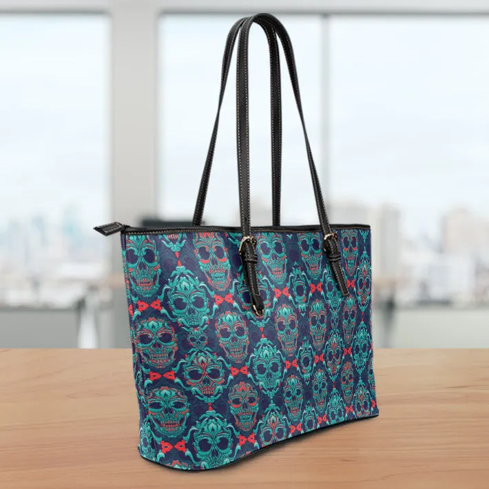 Ornamental Sugar Skull Leather Tote Bag