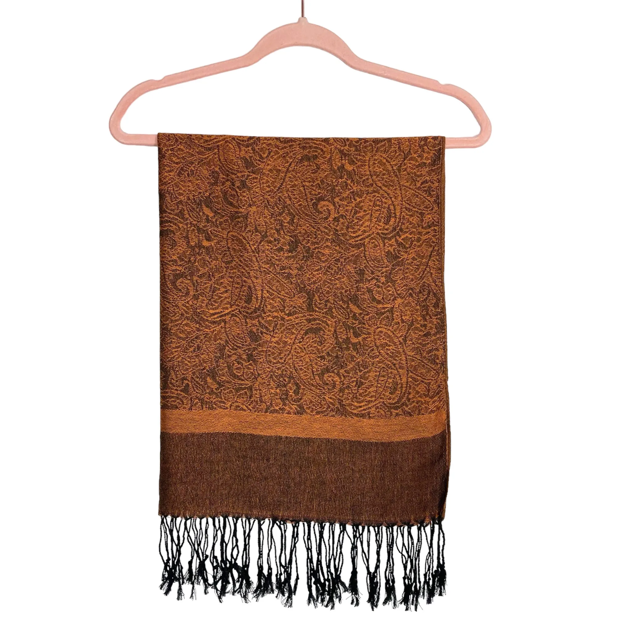 Pashmina Caramel/Black Pattern 100% Pashmina Tassel Fringe Scarf