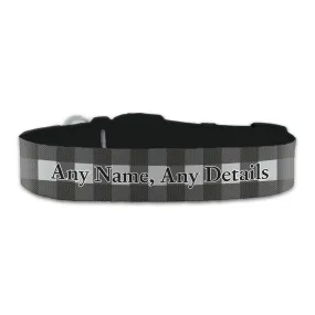 Personalised Large Dog Collar with Black Tartan Background, Personalise with Any Name or Details