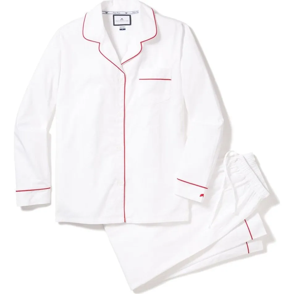 Petite Plume Men's Classic Twill Pajama Set, White & Red Piping