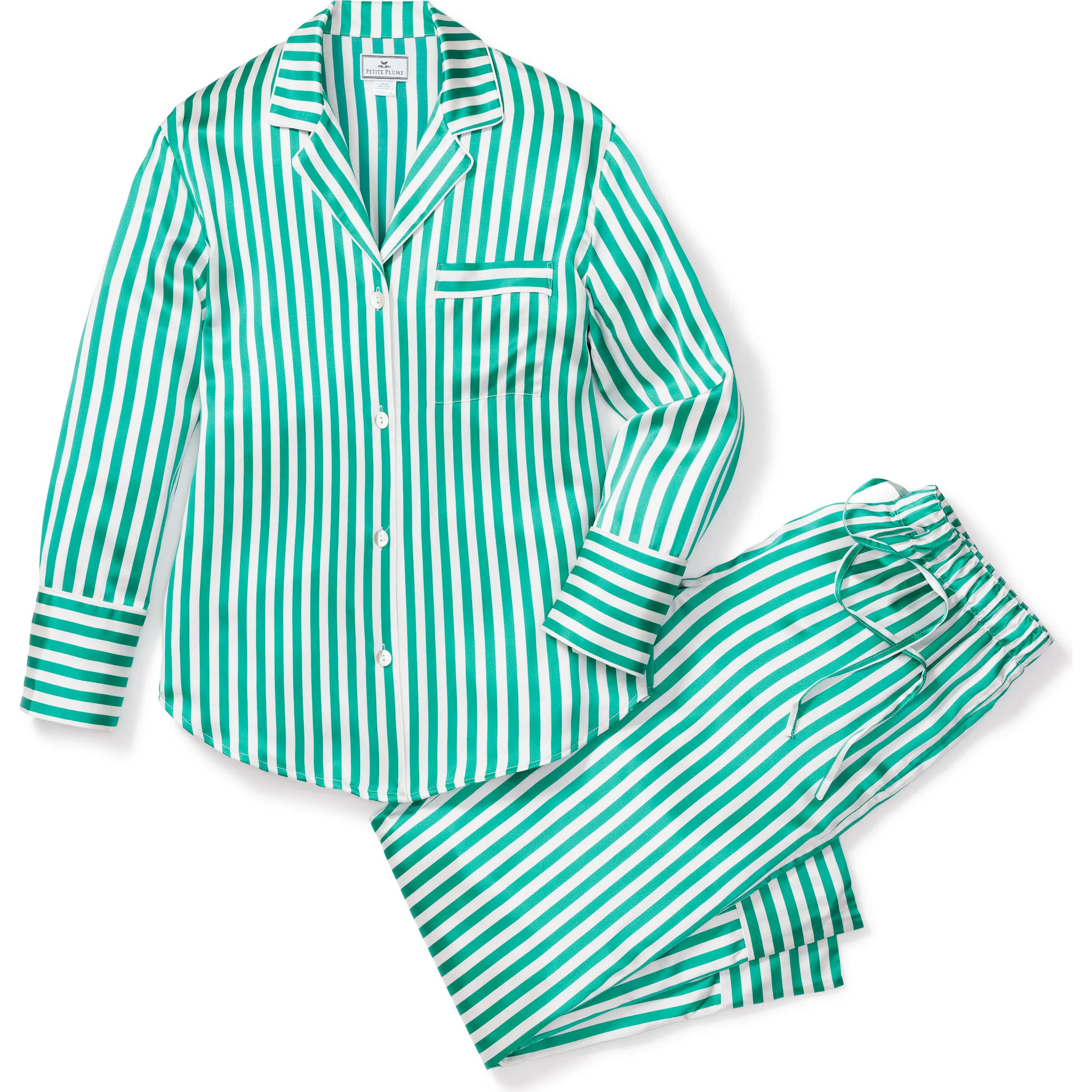 Petite Plume Women's Mulberry Silk Pajama Set, Green Stripe