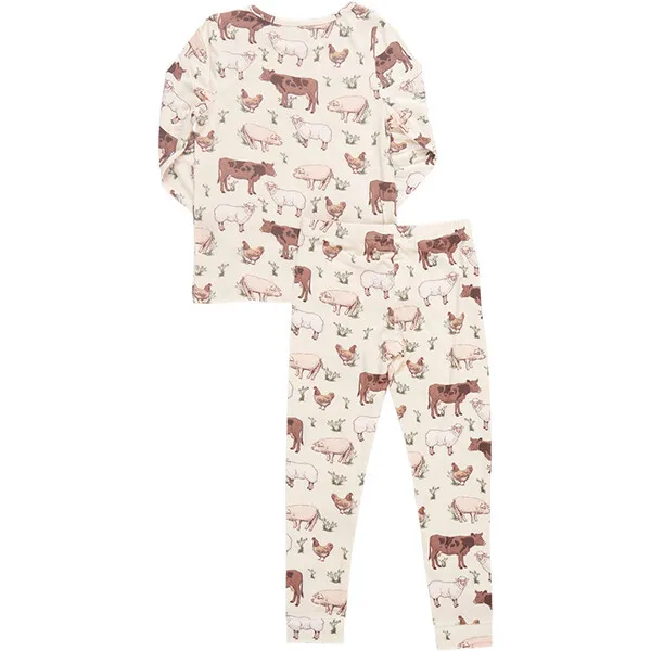 Pink Chicken Bamboo Long Sleeve Top & Elastic Waist Pajama Set, Farm Life