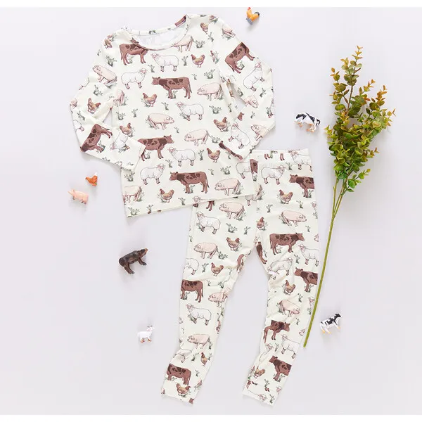 Pink Chicken Bamboo Long Sleeve Top & Elastic Waist Pajama Set, Farm Life