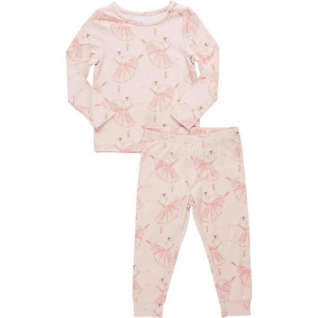 Pink Chicken Girls Bamboo Long Sleeve Top & Elastic Waist Pajama Set, Pink Ballerinas