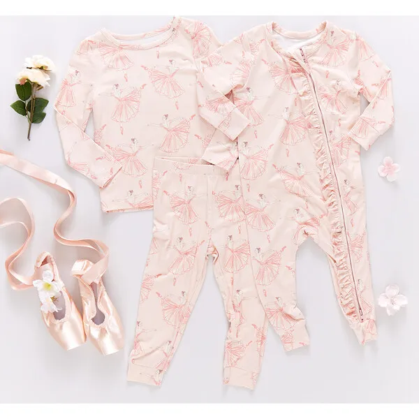 Pink Chicken Girls Bamboo Long Sleeve Top & Elastic Waist Pajama Set, Pink Ballerinas