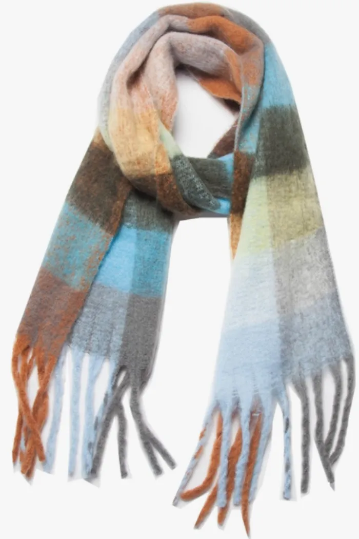 Plaid Pattern Fringe Trim Winter Scarf