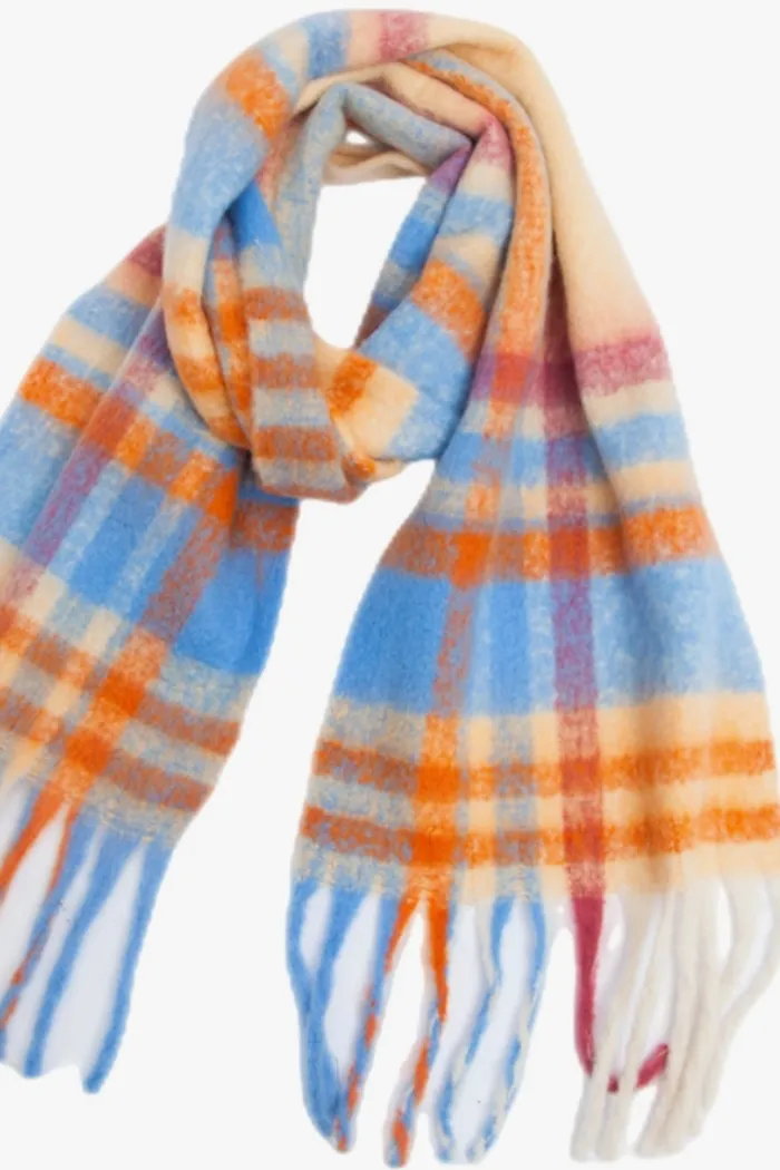 Plaid Pattern Fringe Trim Winter Scarf