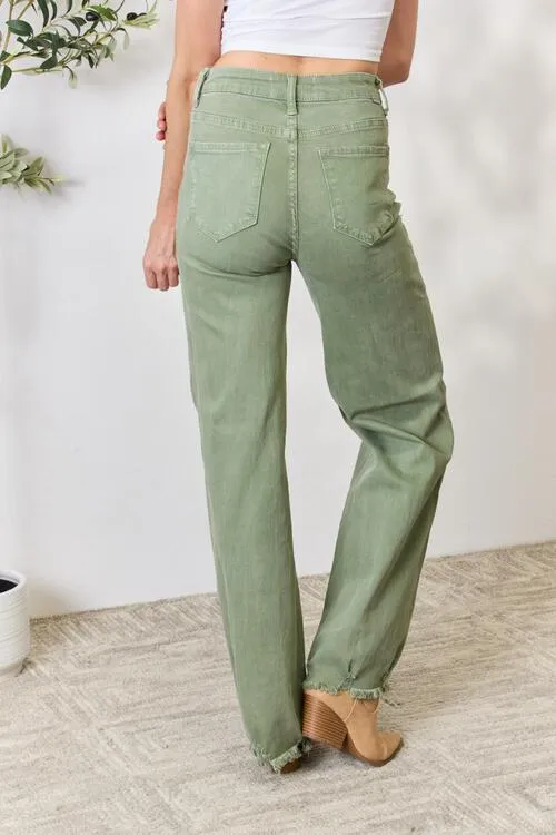 RISEN Jeans in Sage Green with Raw Hem and Wide-Leg