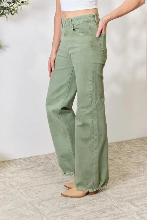 RISEN Jeans in Sage Green with Raw Hem and Wide-Leg