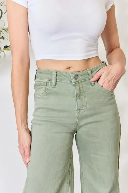 RISEN Jeans in Sage Green with Raw Hem and Wide-Leg