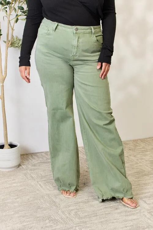 RISEN Jeans in Sage Green with Raw Hem and Wide-Leg