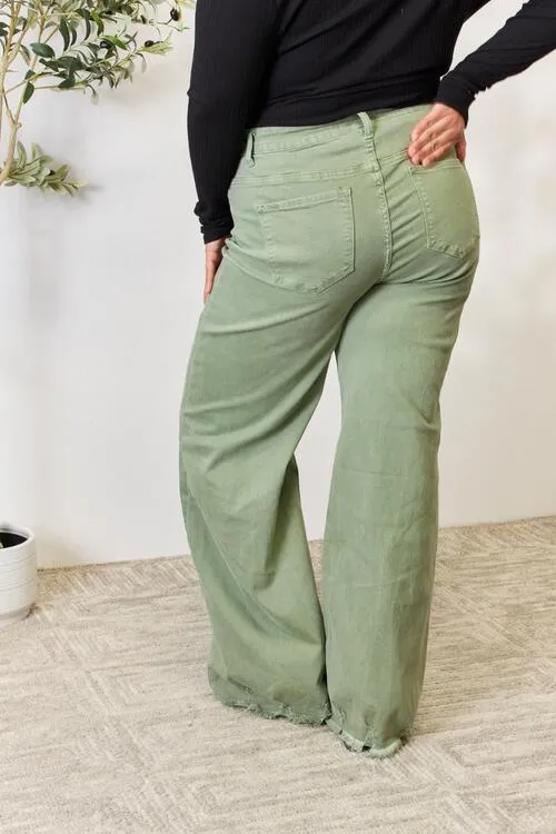 RISEN Jeans in Sage Green with Raw Hem and Wide-Leg