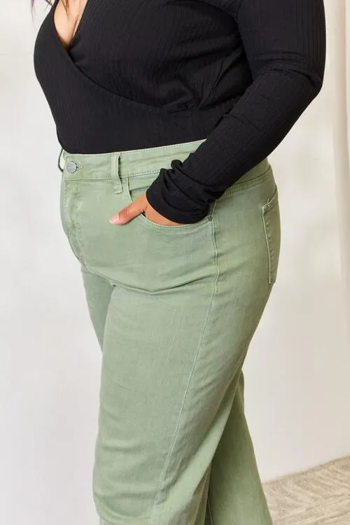 RISEN Jeans in Sage Green with Raw Hem and Wide-Leg