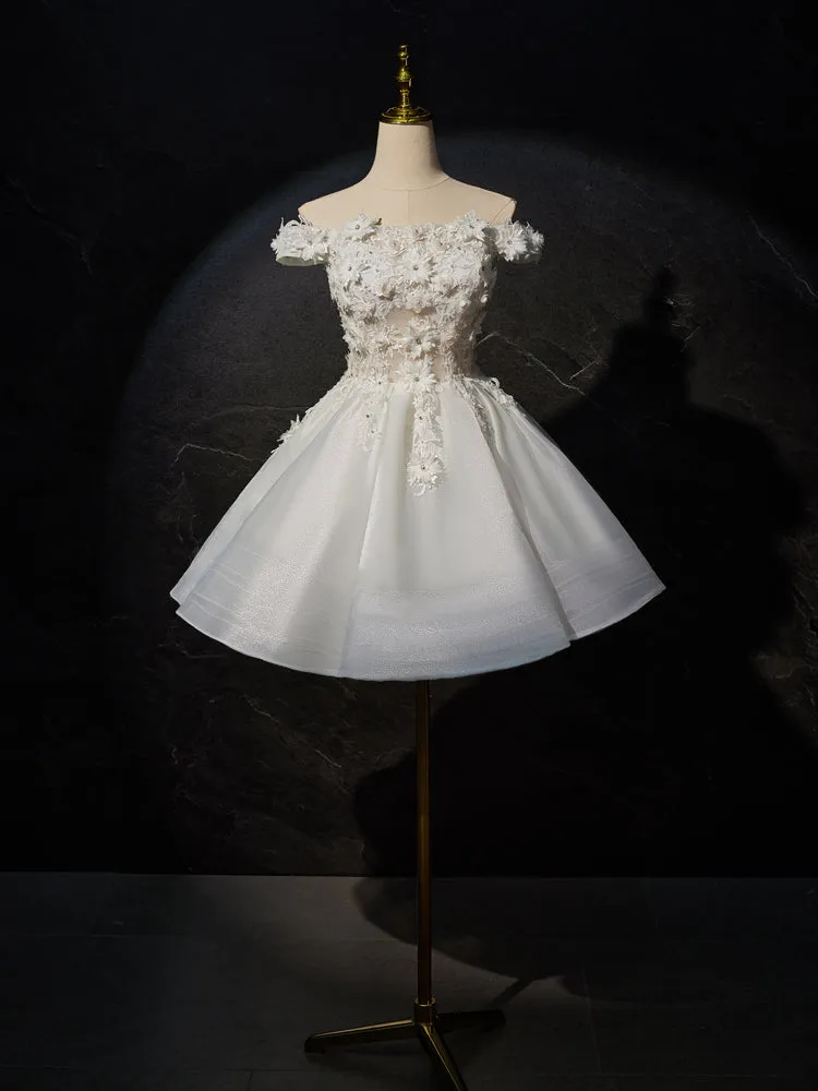 Robe de soirée en Organza Longueur Genou à Épaules Dénudées avec Appliques Florales 3D