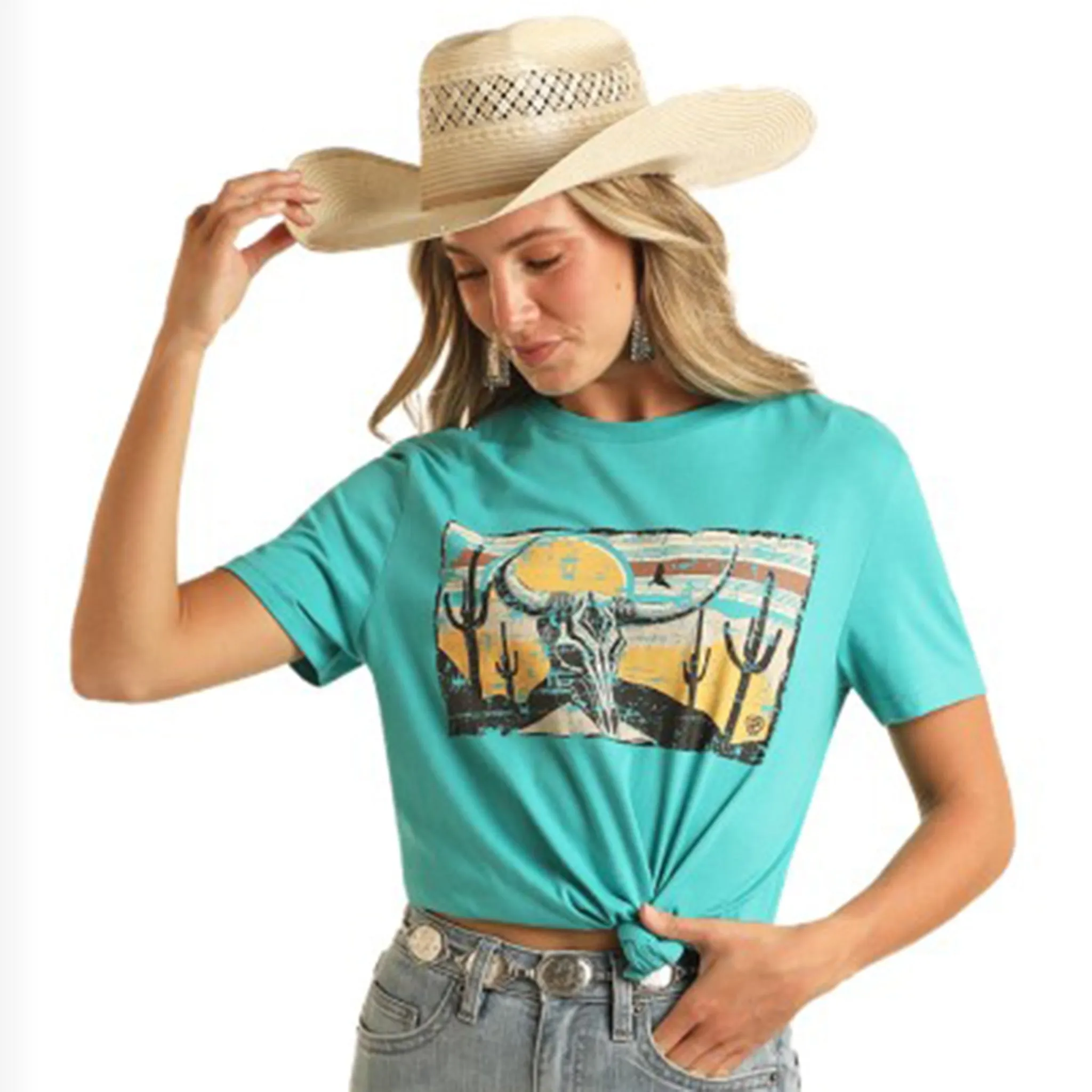 Rock and Roll Women's Turquoise Skull Desert Tee