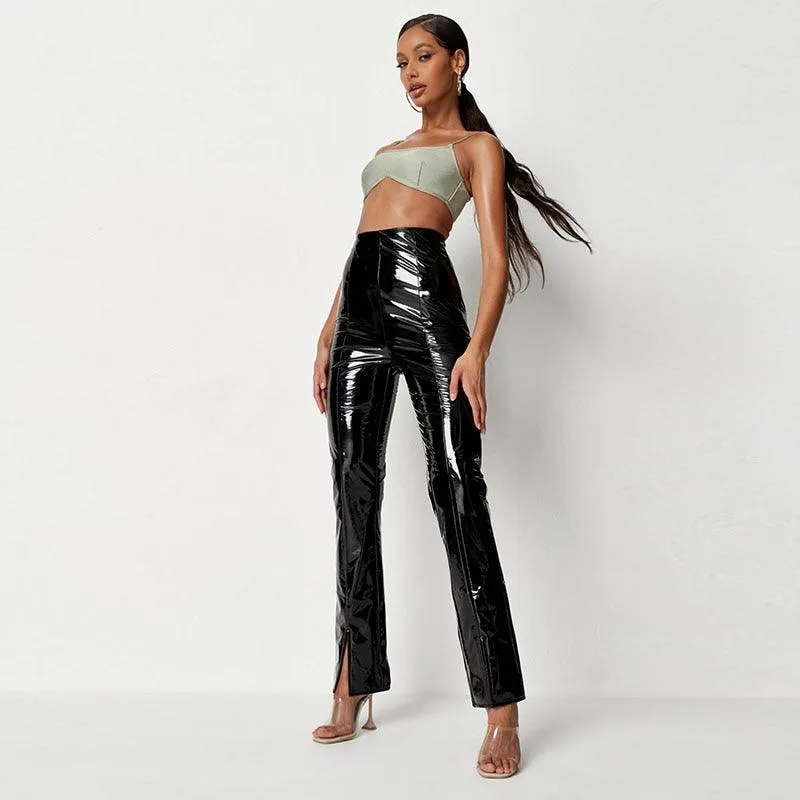 Shiny High-Waisted PVC Leather Straight-Leg Pants