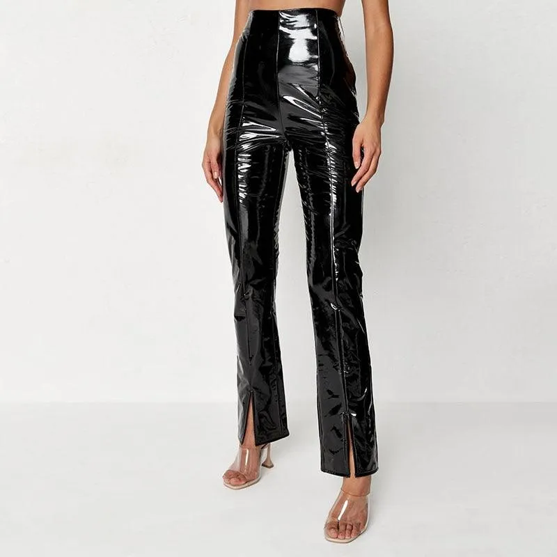 Shiny High-Waisted PVC Leather Straight-Leg Pants