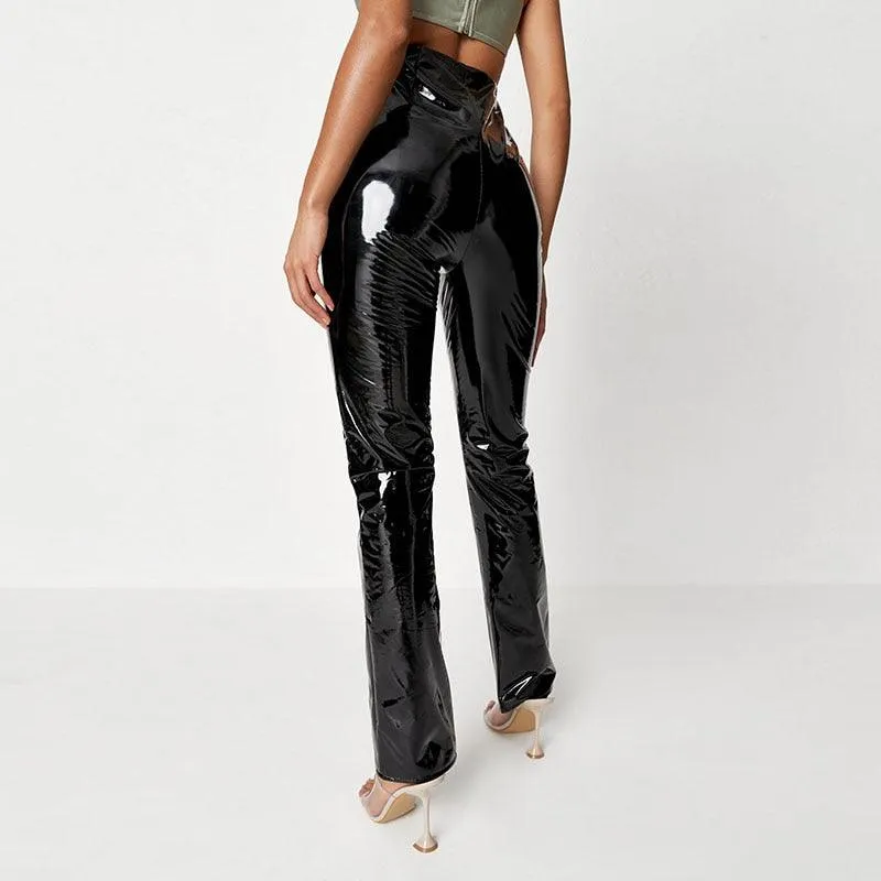 Shiny High-Waisted PVC Leather Straight-Leg Pants