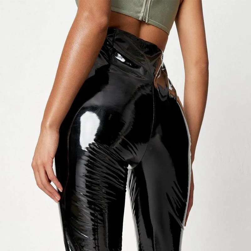 Shiny High-Waisted PVC Leather Straight-Leg Pants