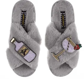 Slippers with Artisan Gin and Tonic Brooch in Grey