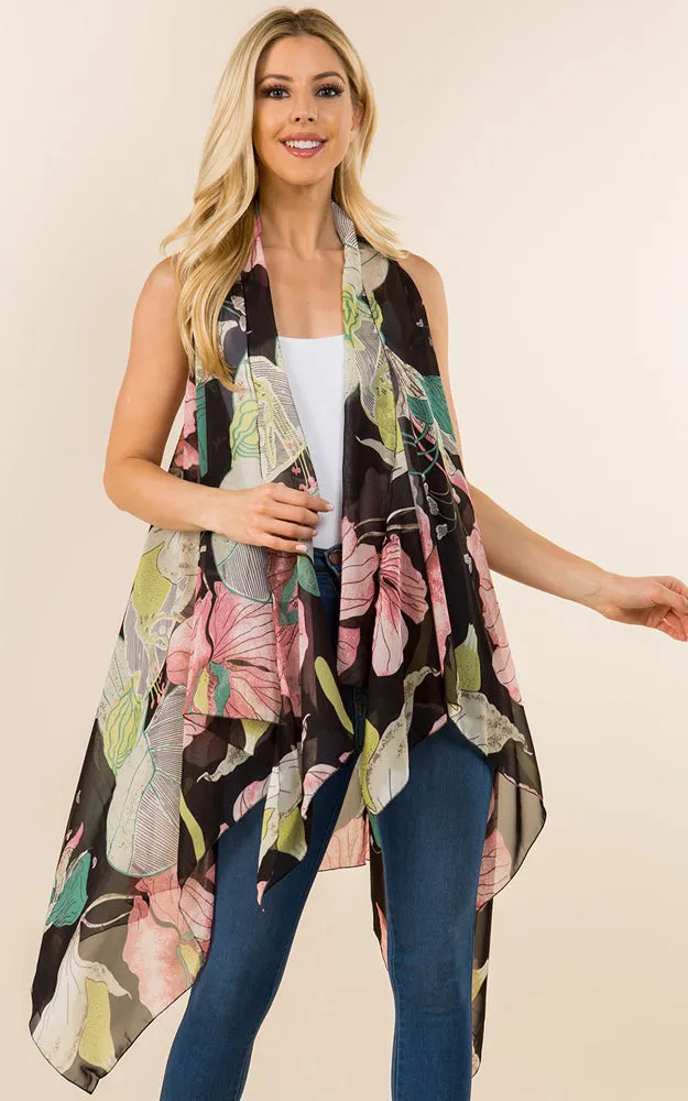 SN482 Black Floral Pattern Printed Long Vest