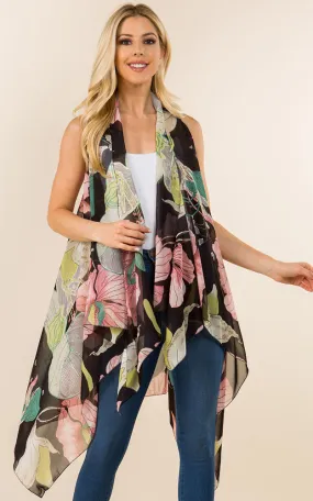 SN482 Black Floral Pattern Printed Long Vest