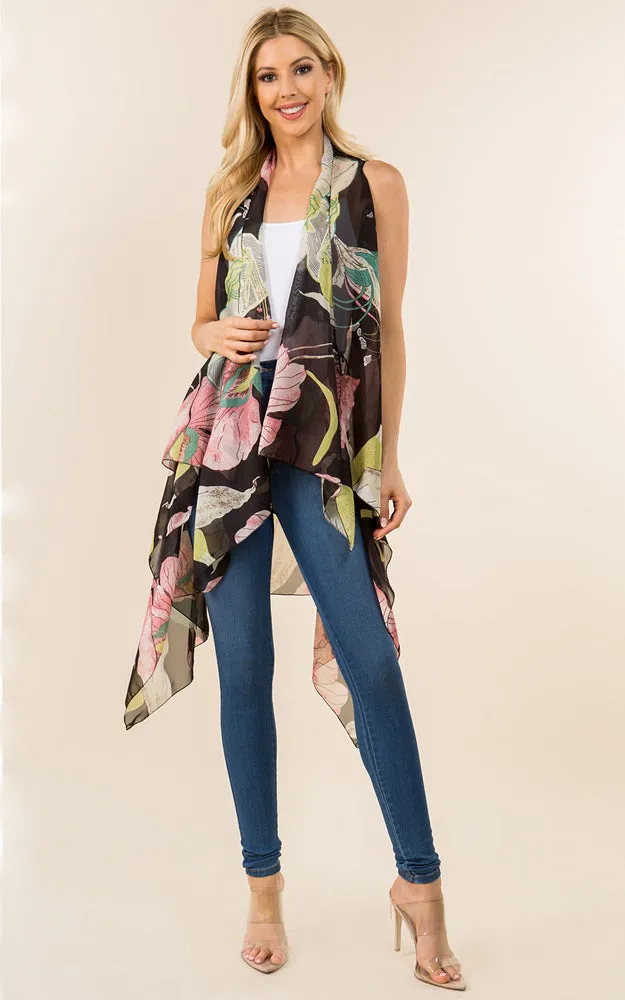 SN482 Black Floral Pattern Printed Long Vest