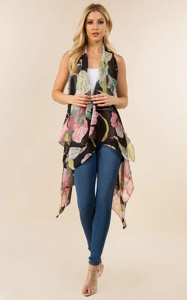 SN482 Black Floral Pattern Printed Long Vest