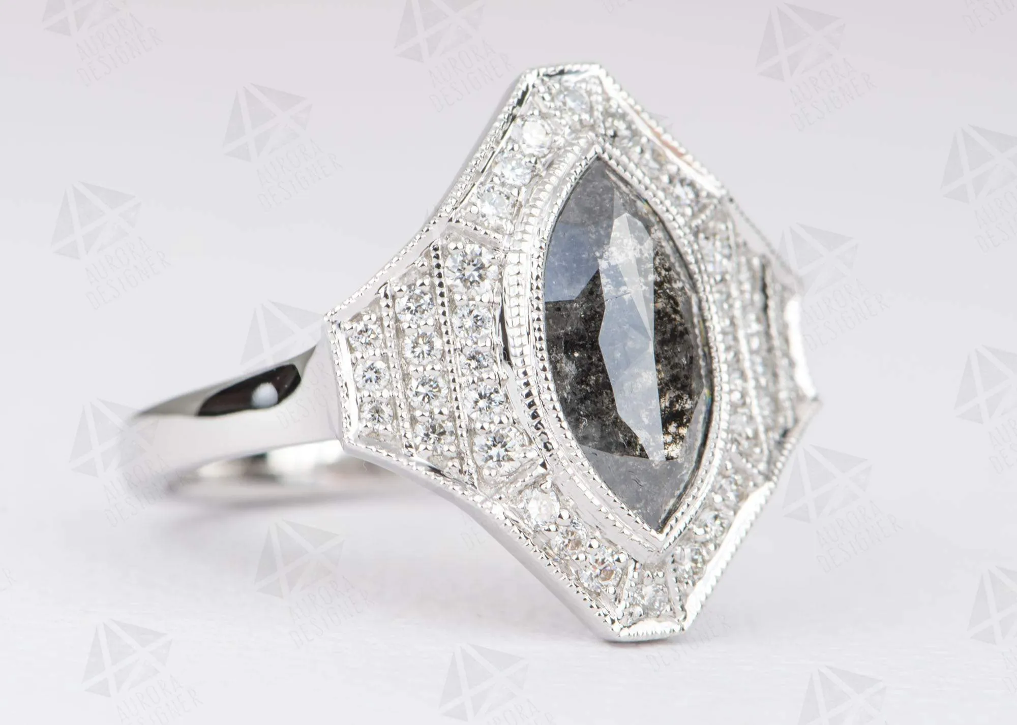 Statement Salt and Pepper Diamond with Halo Engagement Ring 14K White Gold Marquise AD2119