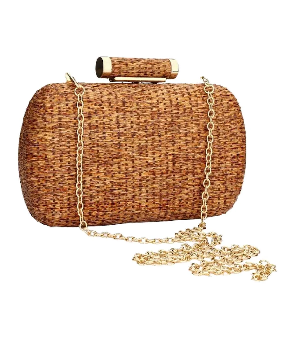 Straw Woven Gold Trimmed Clutch Bag In Brown