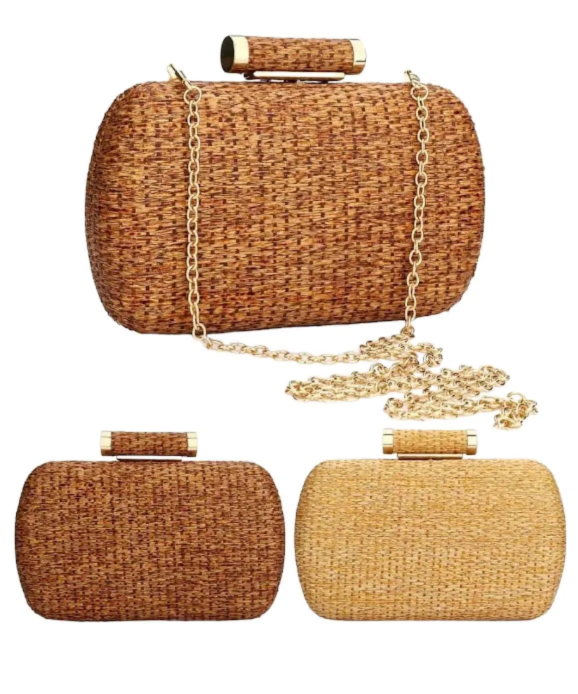 Straw Woven Gold Trimmed Clutch Bag In Brown