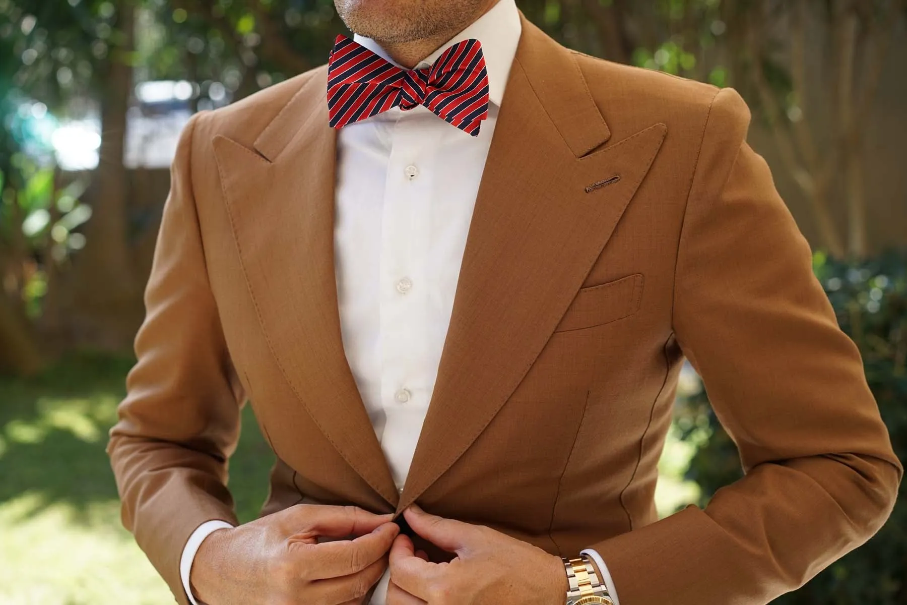 Striped Maroon with Navy Blue Bow Tie Untied