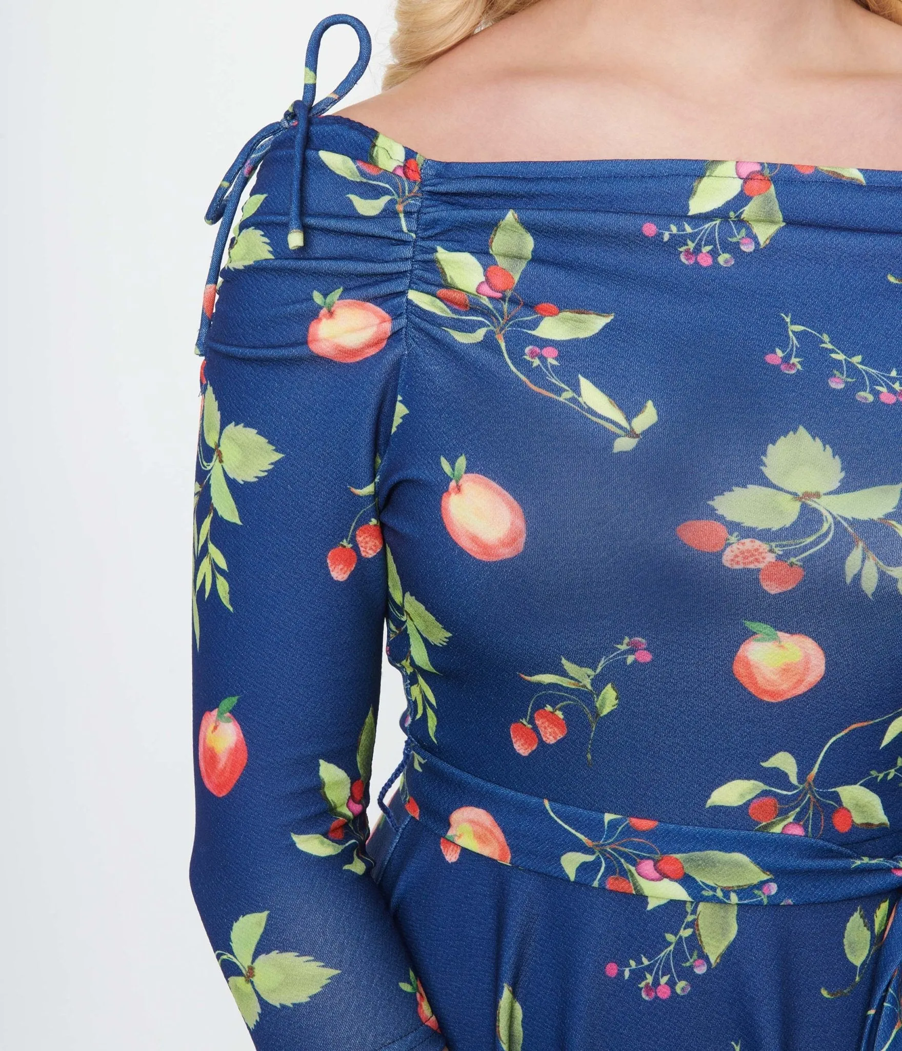 Unique Vintage Navy & Orchard Print Off Shoulder Flare Dress